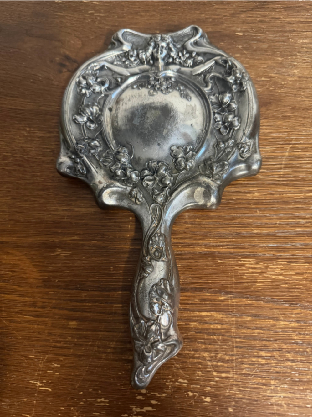 Antique Art Nouveau Hand Mirror Lady Floral Repousse Heavy Metal Beveled Glass